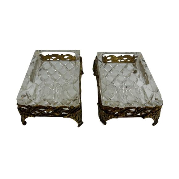 2 Vintage Glass Crystal And Gold Toned Metal Ashtrays Hollywood Regency Style - Picture 3 of 9